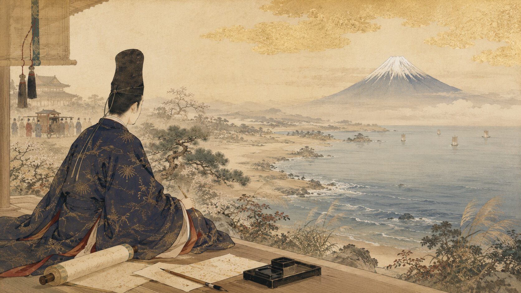 山部赤人が田子の浦から富士山を望む百人一首4番の背景を描いた和風イラスト
