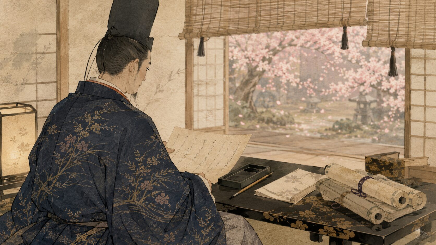 西園寺公経が花吹雪を見て老いを思う鎌倉時代の歌人イラスト