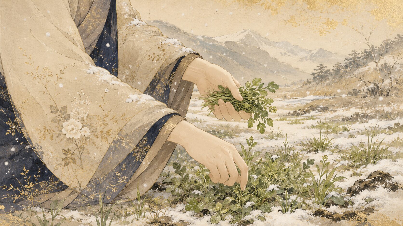 春の若菜を摘む袖に雪が降りかかる百人一首15番の和風イラスト