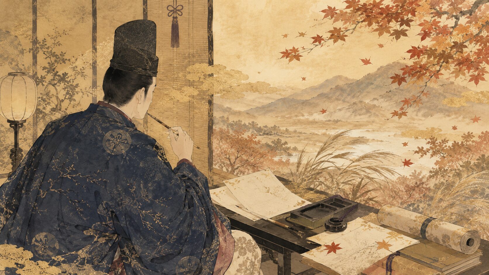 文屋康秀が秋の山風を和歌に詠む百人一首22番の背景イラスト