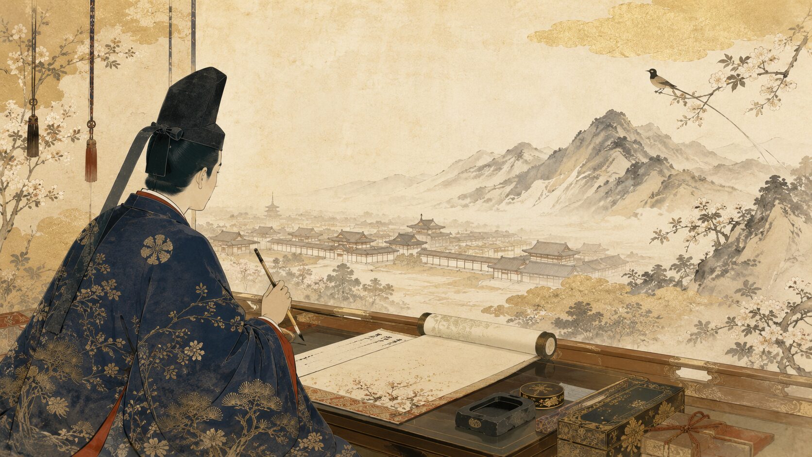 柿本人麻呂と山鳥の情景から百人一首3番の背景を表した和風イラスト