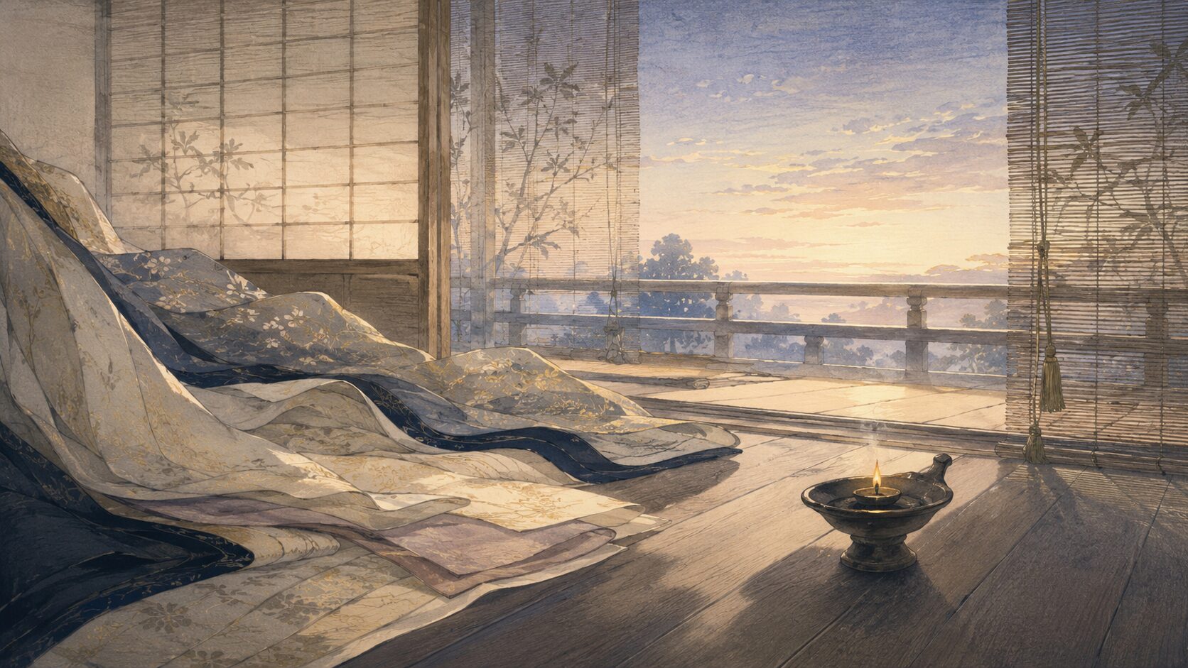 また夜は来ると知りながら朝ぼらけを恨めしく思う後朝の恋の和風イラスト