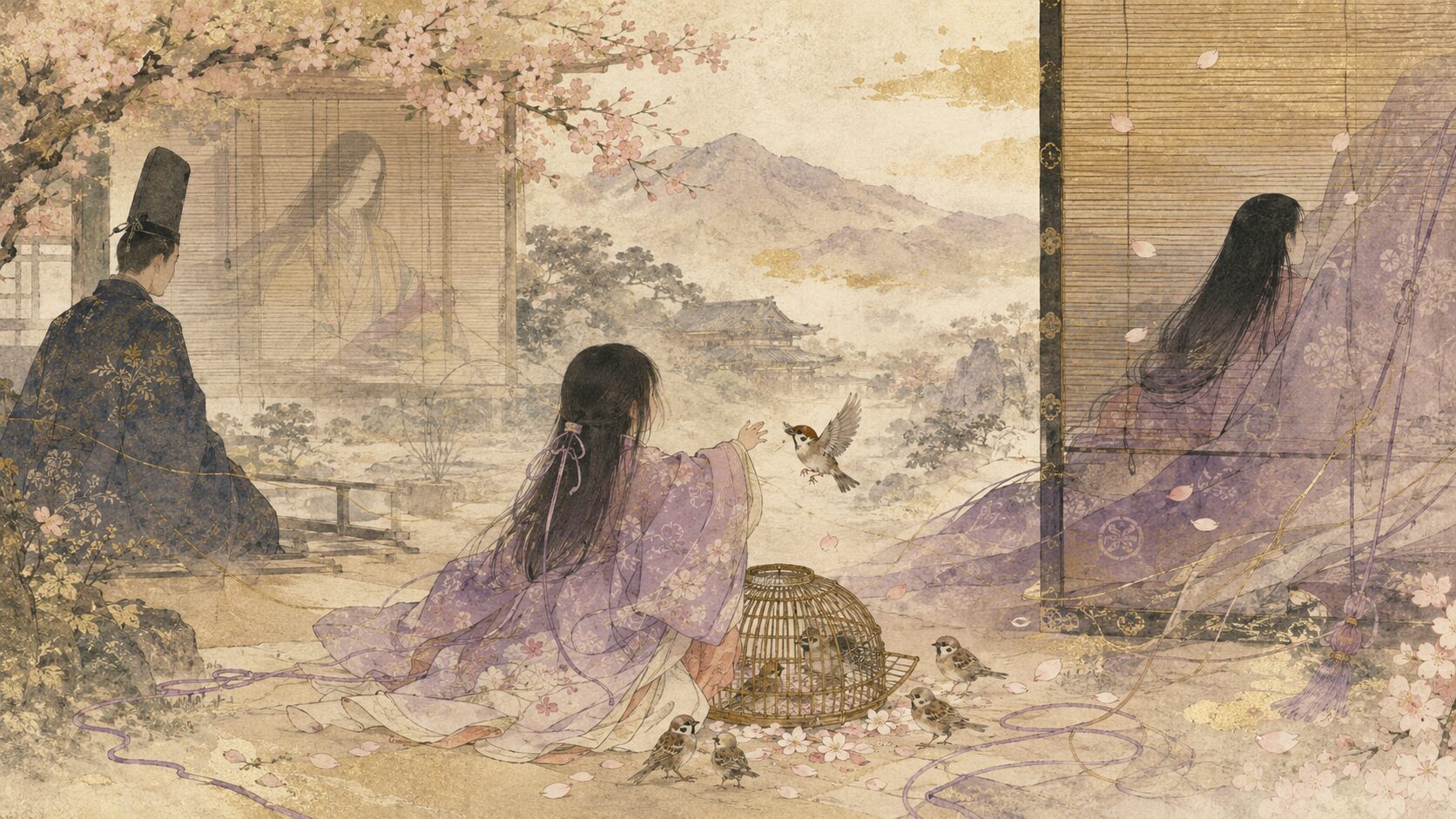 若紫の無邪気さと紫の上へつながる危うさを表した和風イラスト