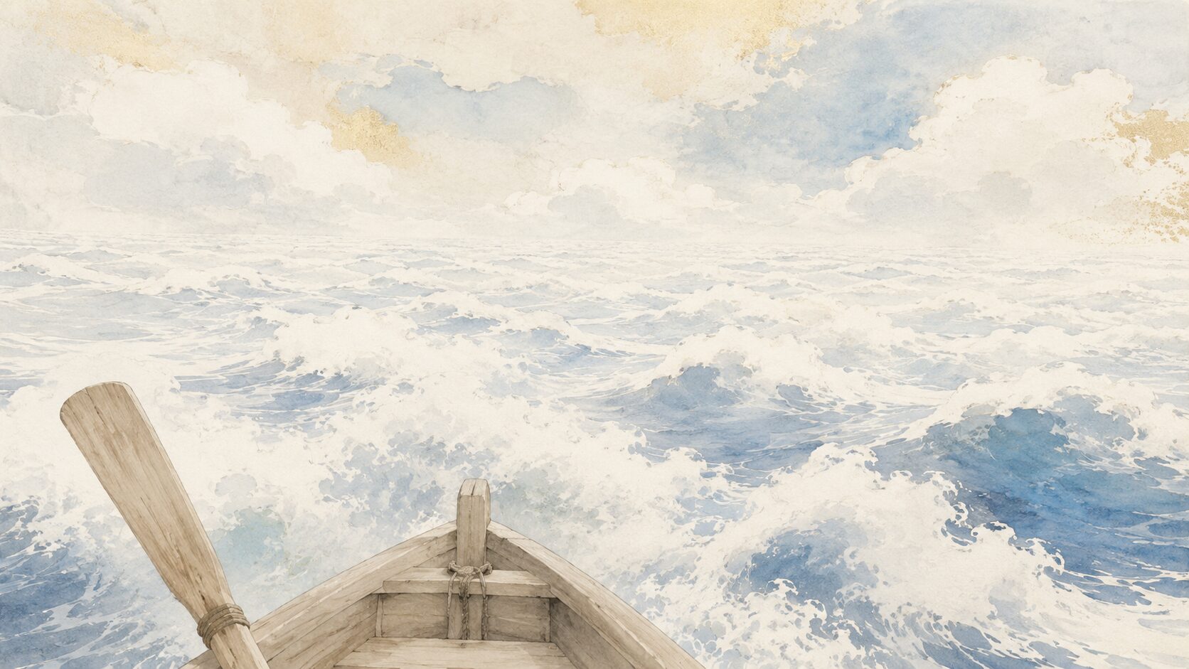 沖へ漕ぎ出した視点から雲のような白波を眺める百人一首76番の海景イラスト