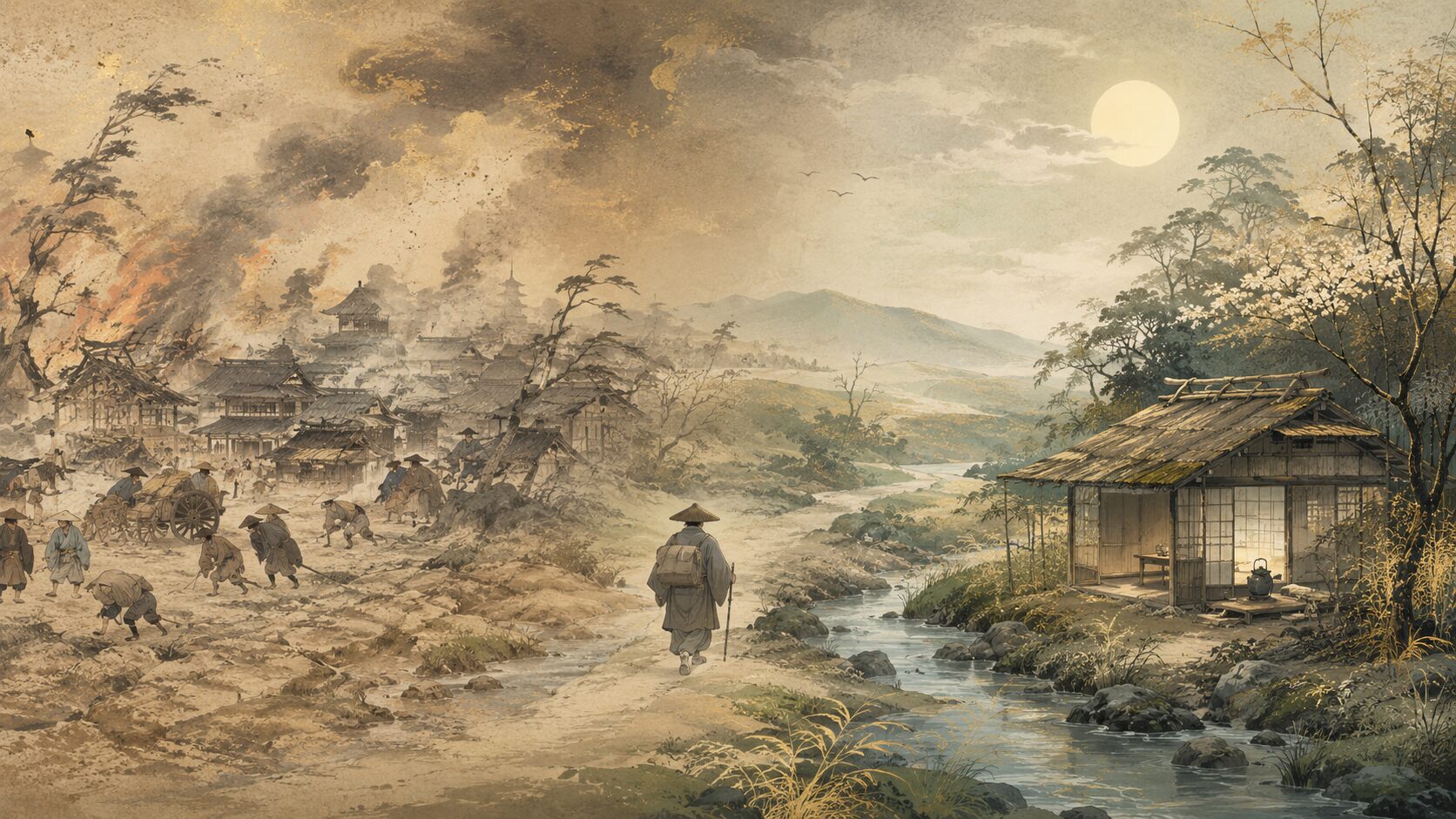 『方丈記』の五大災厄から方丈の庵の暮らしへつながる流れを描いた和風イラスト