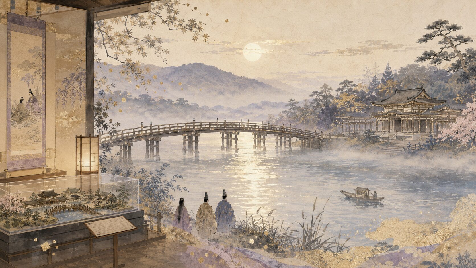 宇治川と宇治橋で『源氏物語』宇治十帖のゆかりの地を表した和風イラスト