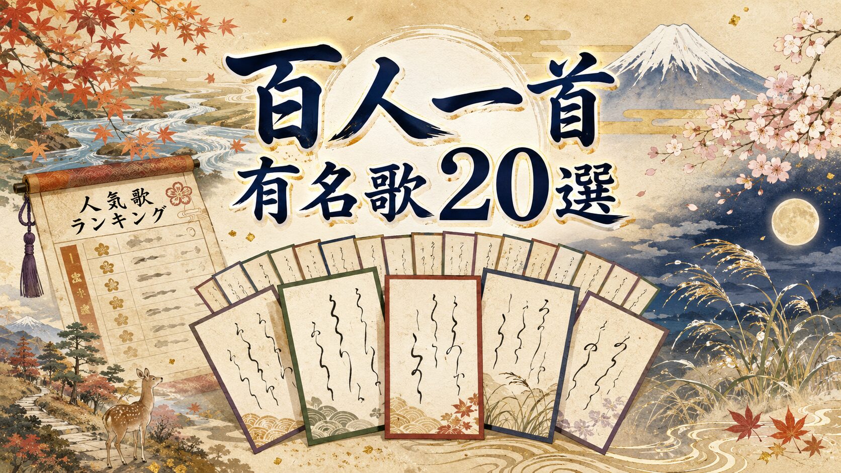 百人一首の有名な歌ランキング20選を表した和風イラスト