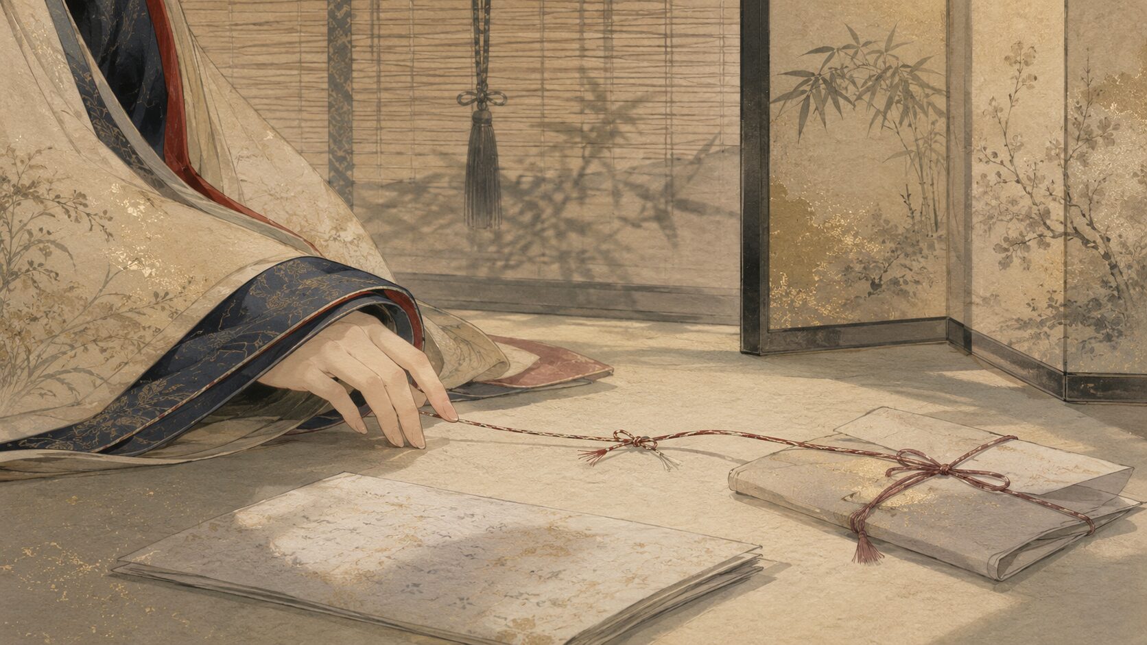 玉の緒と伏せられた文で百人一首89番の忍ぶ恋を表した和風イラスト