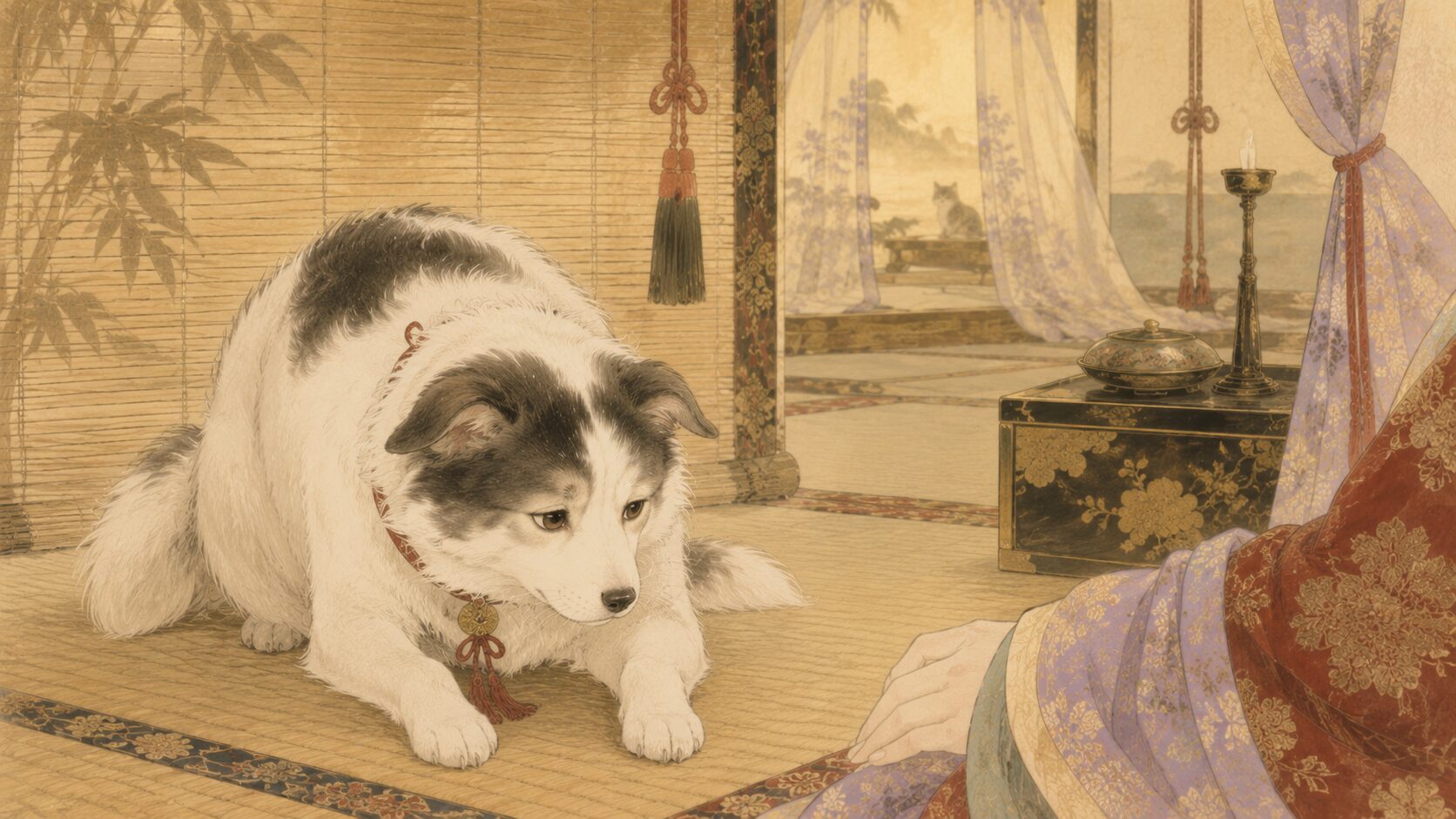 罰せられたあと戻ってくる犬の翁丸と清少納言の同情を表した和風イラスト