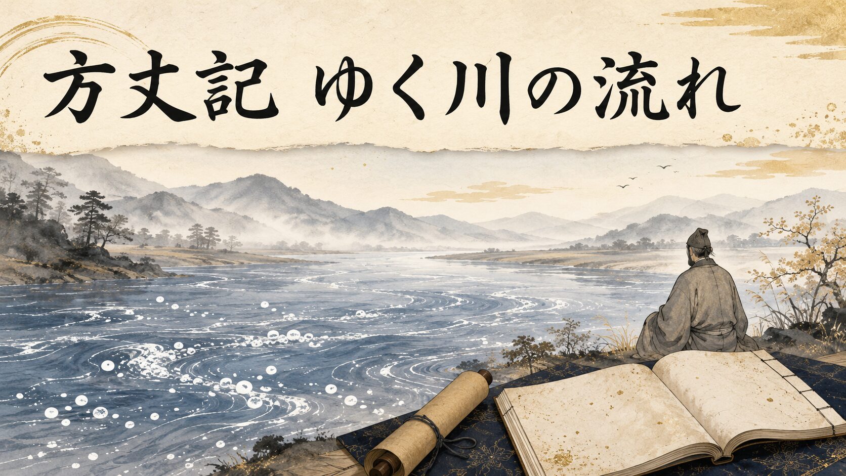 『方丈記』の「ゆく川の流れ」と水の泡で無常観を表した和風イラスト