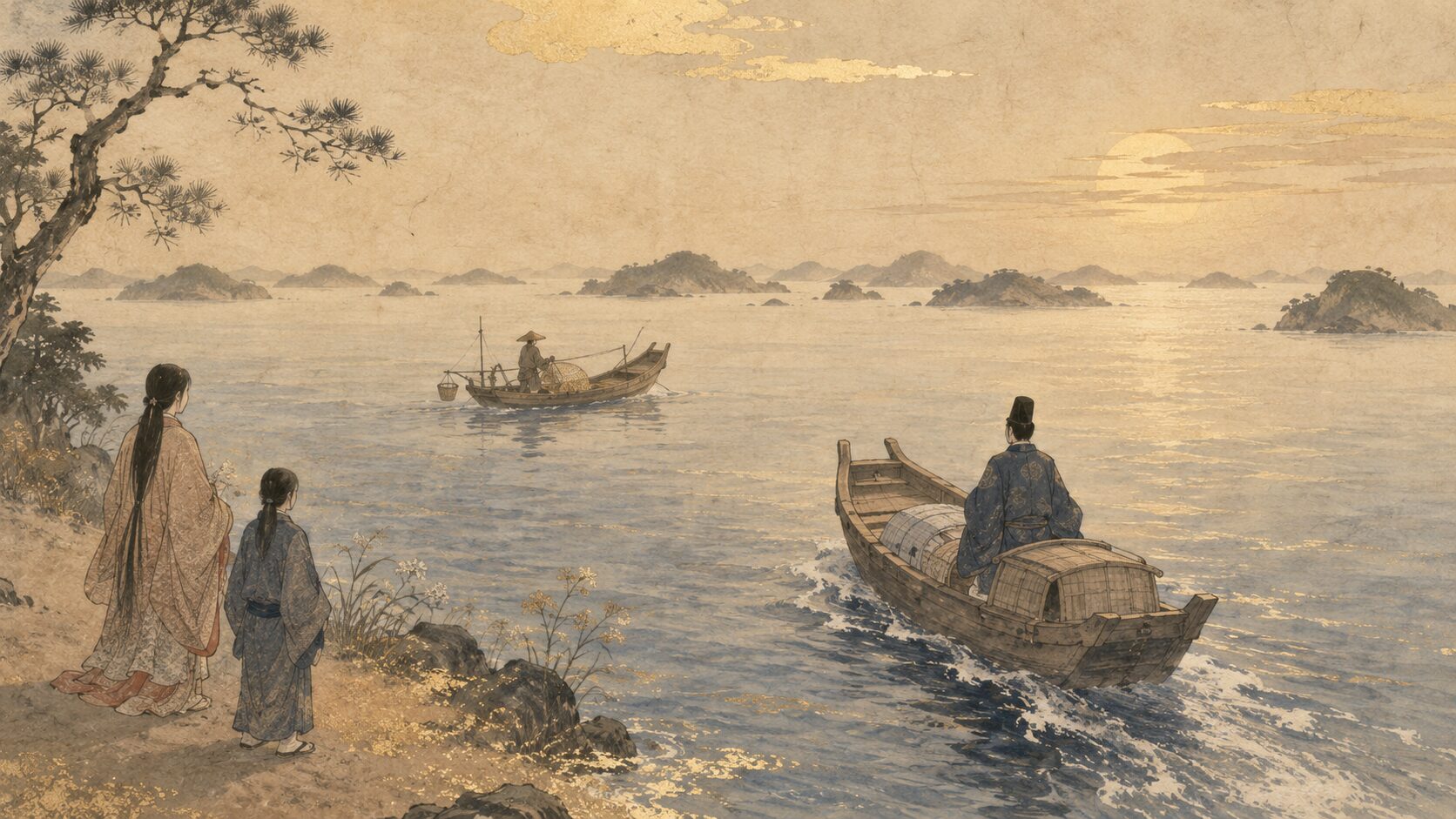 隠岐へ向かう舟と海人の釣舟に別れの思いを託す和風イラスト