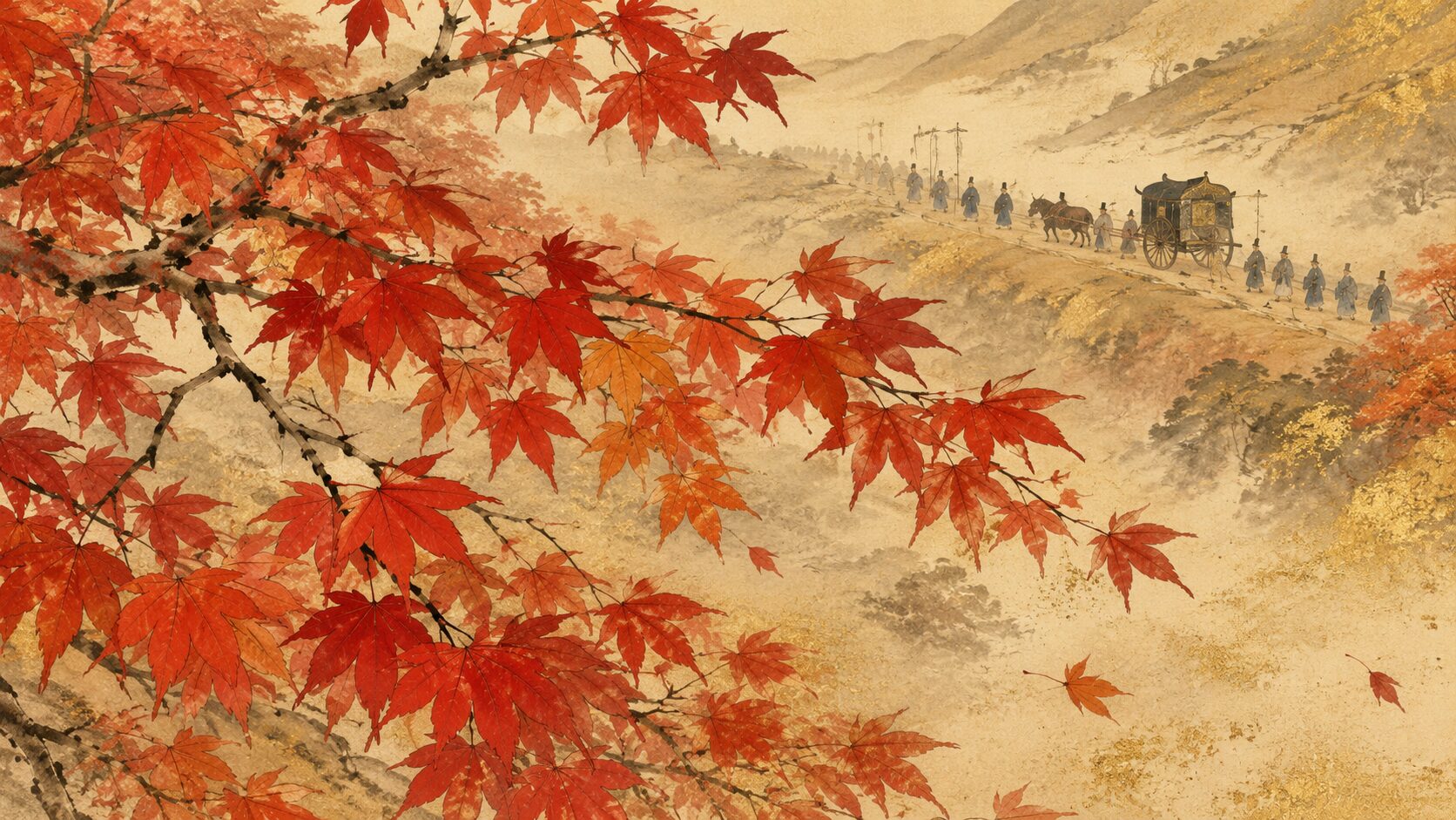 小倉山の紅葉が帝の行幸を待つように留まる百人一首26番の和風イラスト