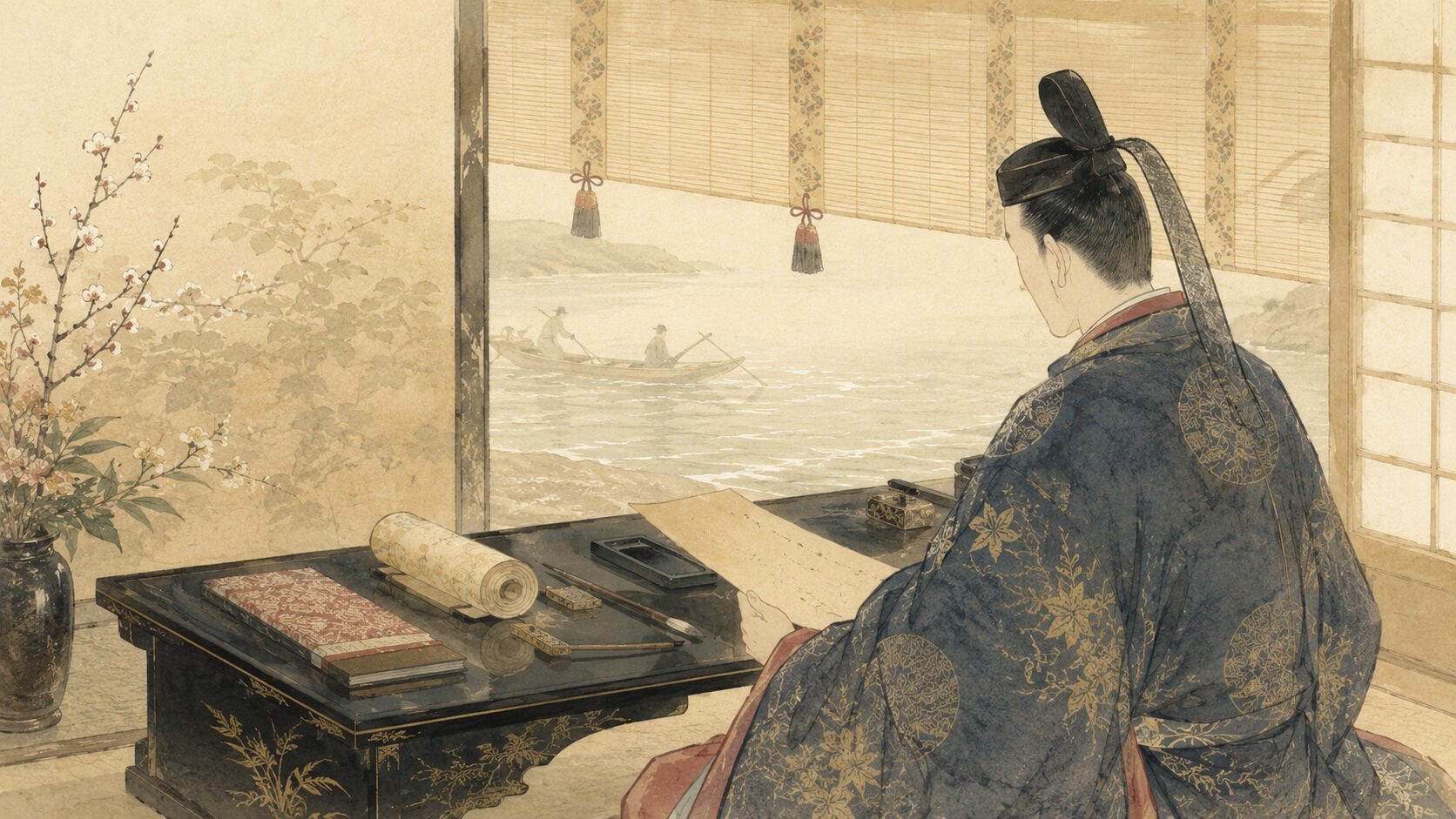 源実朝が海辺の情景を和歌に託す鎌倉時代の歌人イラスト