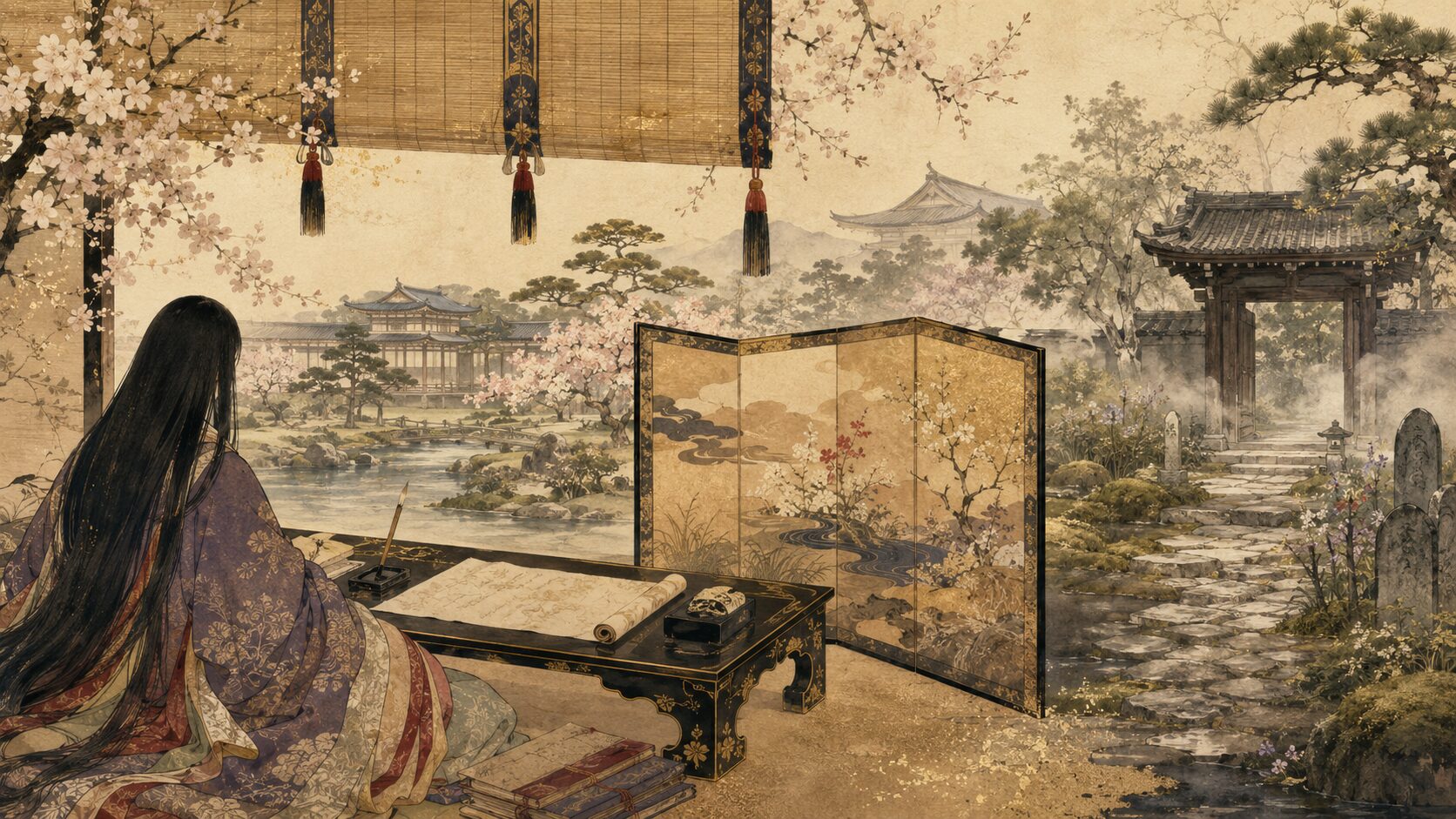 京都で紫式部と平安宮廷文化を感じる『源氏物語』文学散歩の和風イラスト