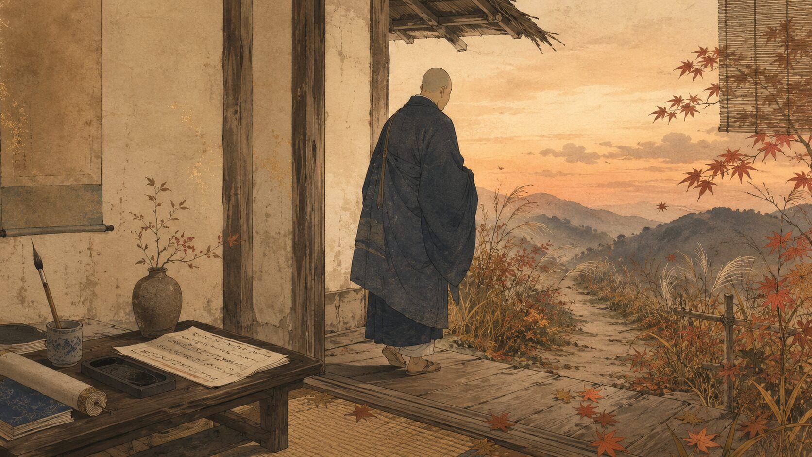 秋の夕暮れに庵を出る良暹法師を描いた和風イラスト