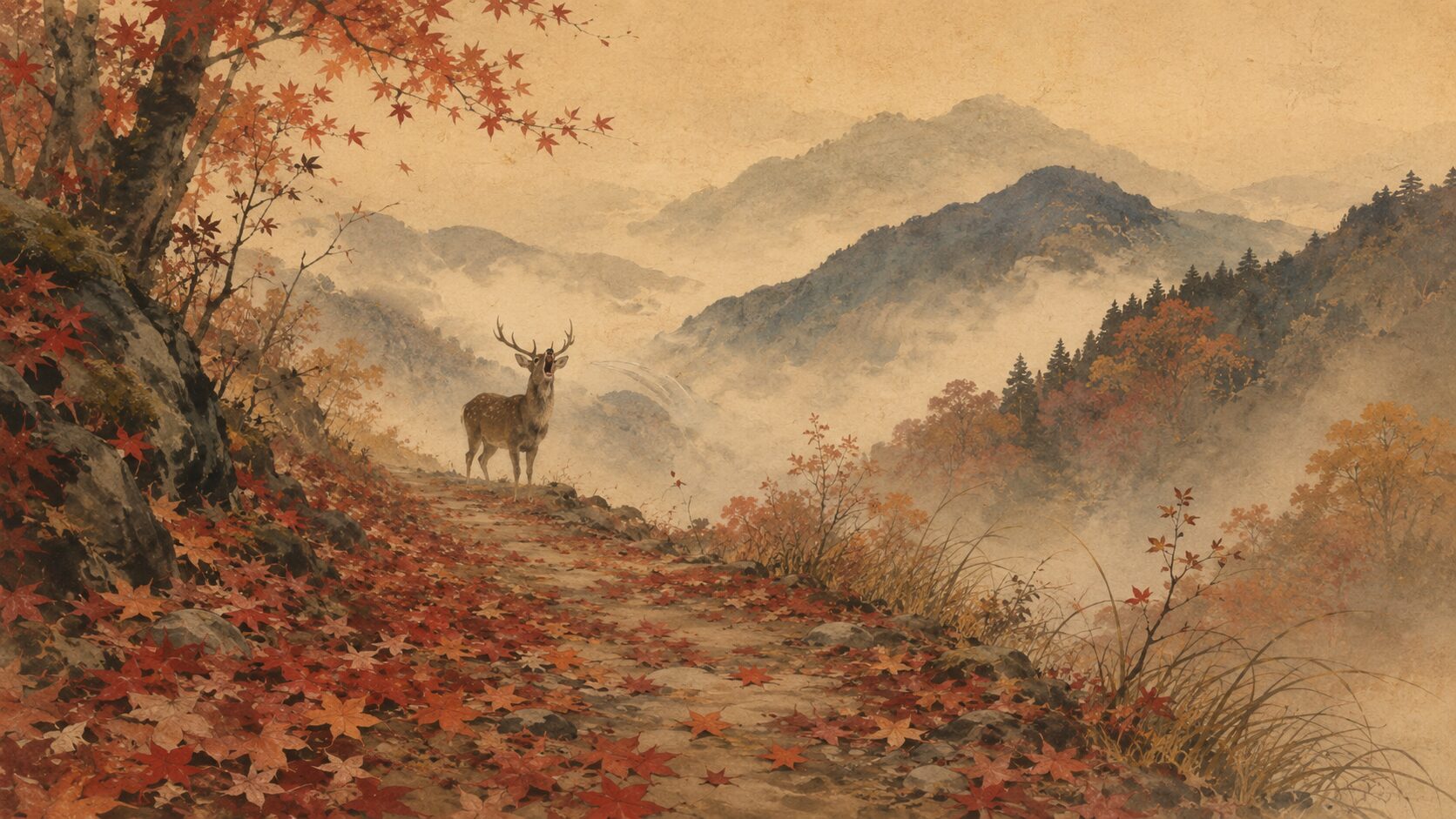 紅葉を踏み分けて鳴く鹿の声に秋の寂しさを感じる和風イラスト