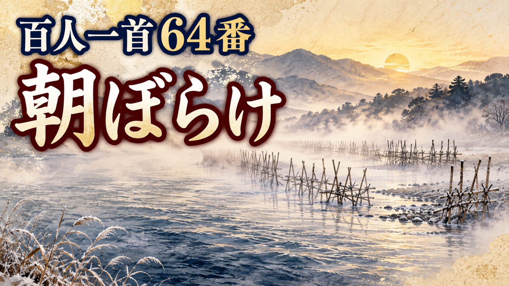 百人一首64番「朝ぼらけ」を象徴する宇治川の川霧と網代木の和風イラスト