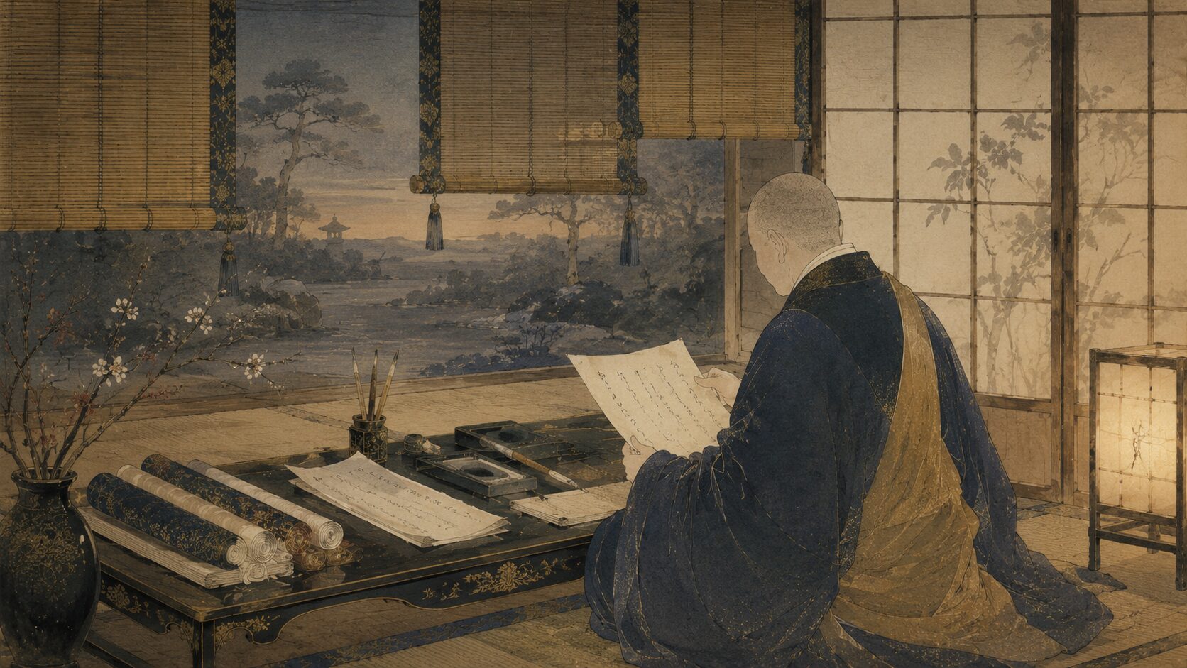 俊恵法師が恋の夜を和歌に託す平安末期の僧侶歌人イラスト