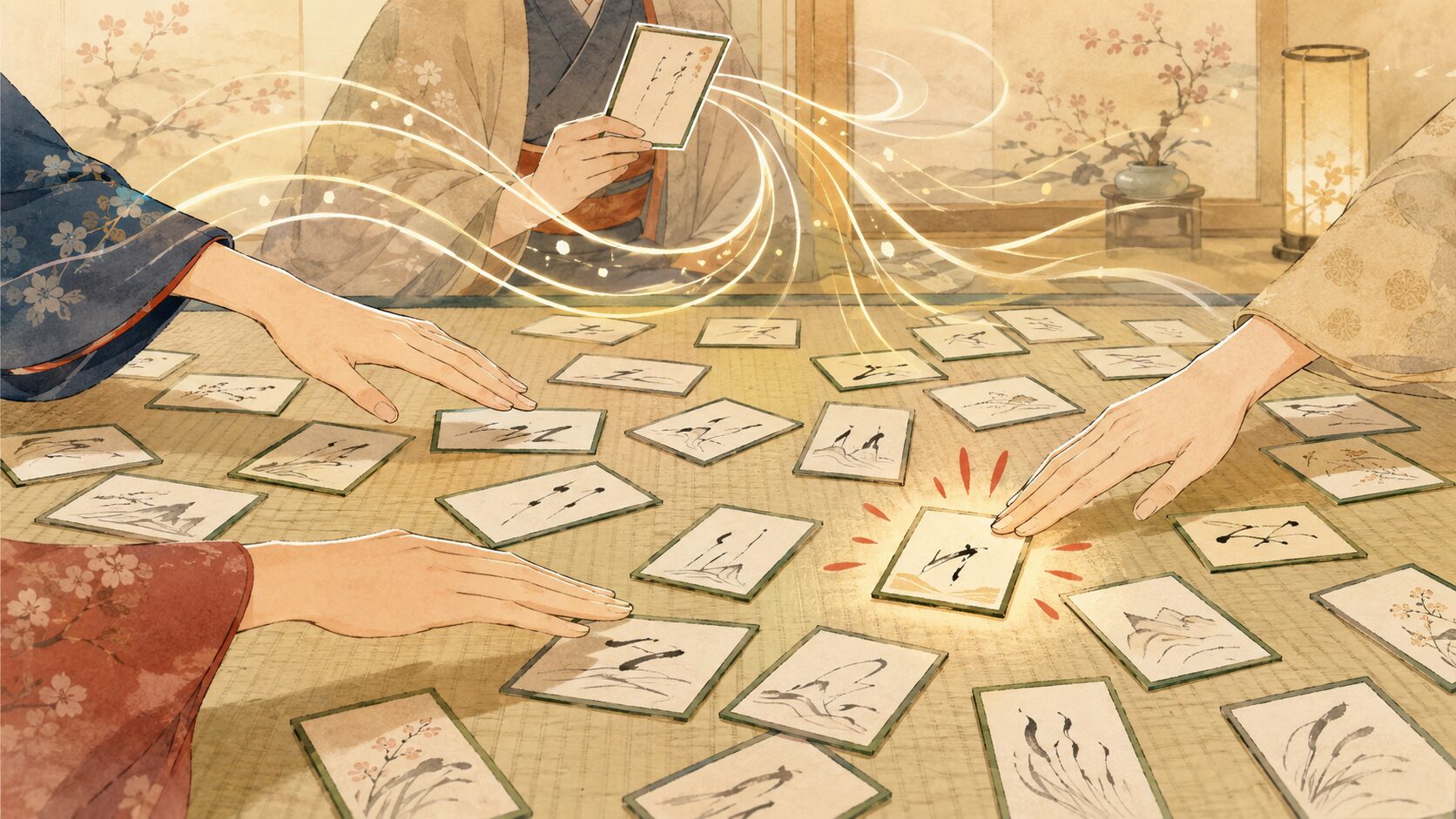 百人一首の決まり字と取り札の取り方を初心者向けに表した和風イラスト