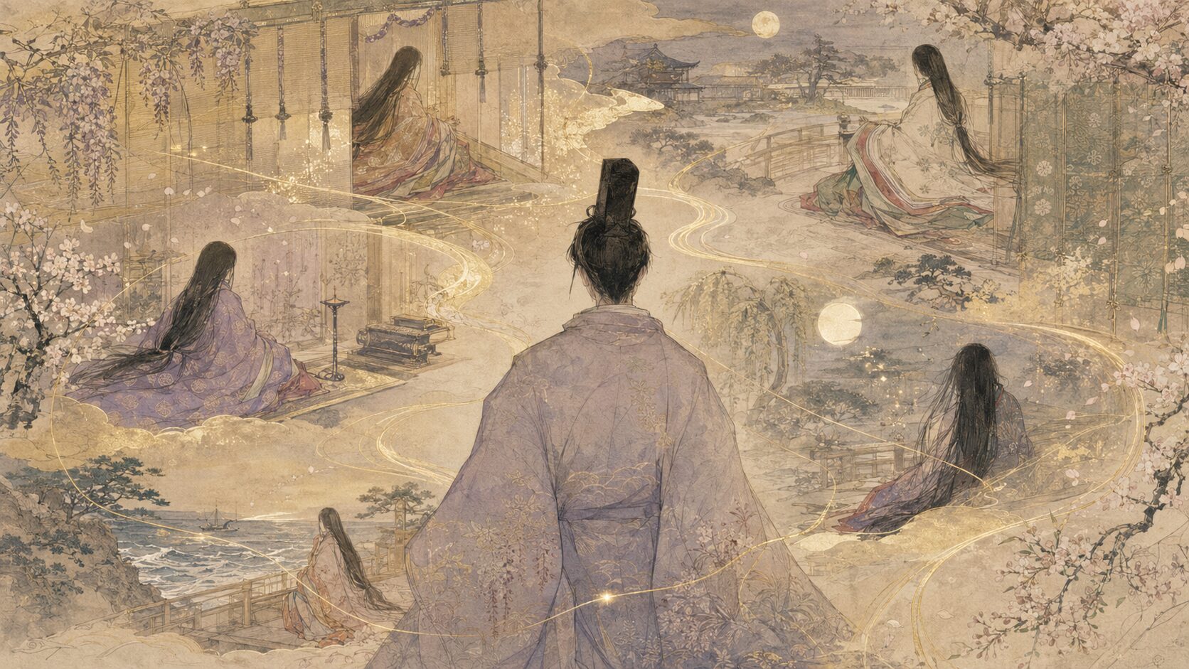 光源氏を中心に藤壺や紫の上など主要人物の関係を表した和風イラスト