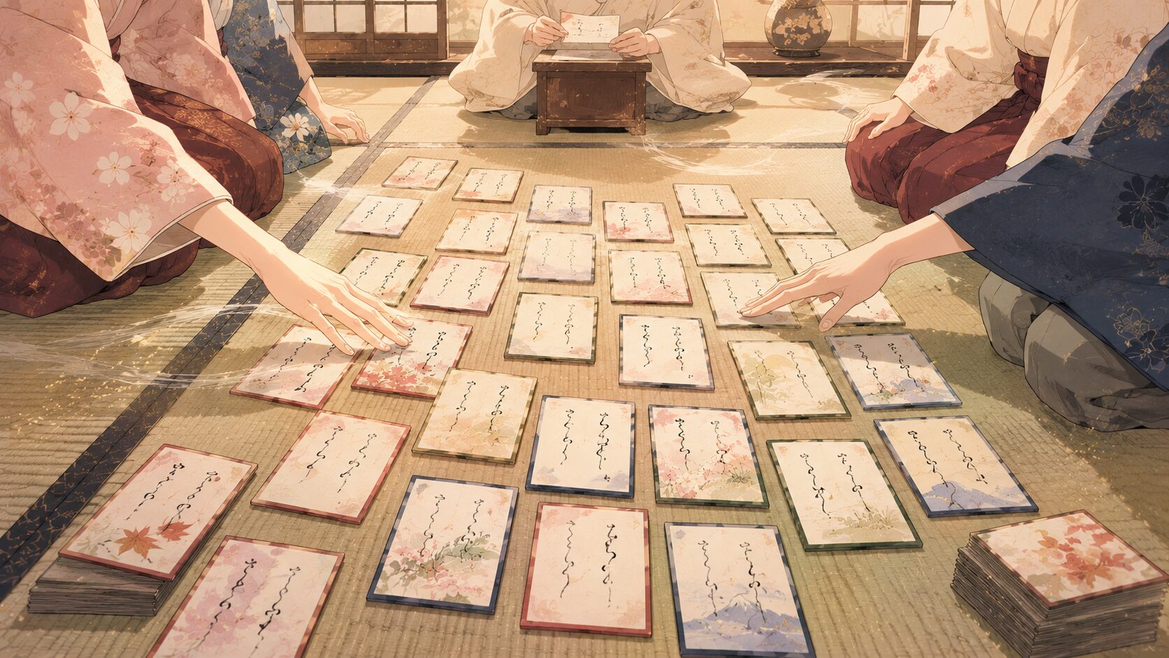 百人一首の源平合戦でチームに分かれて札を取る和風イラスト