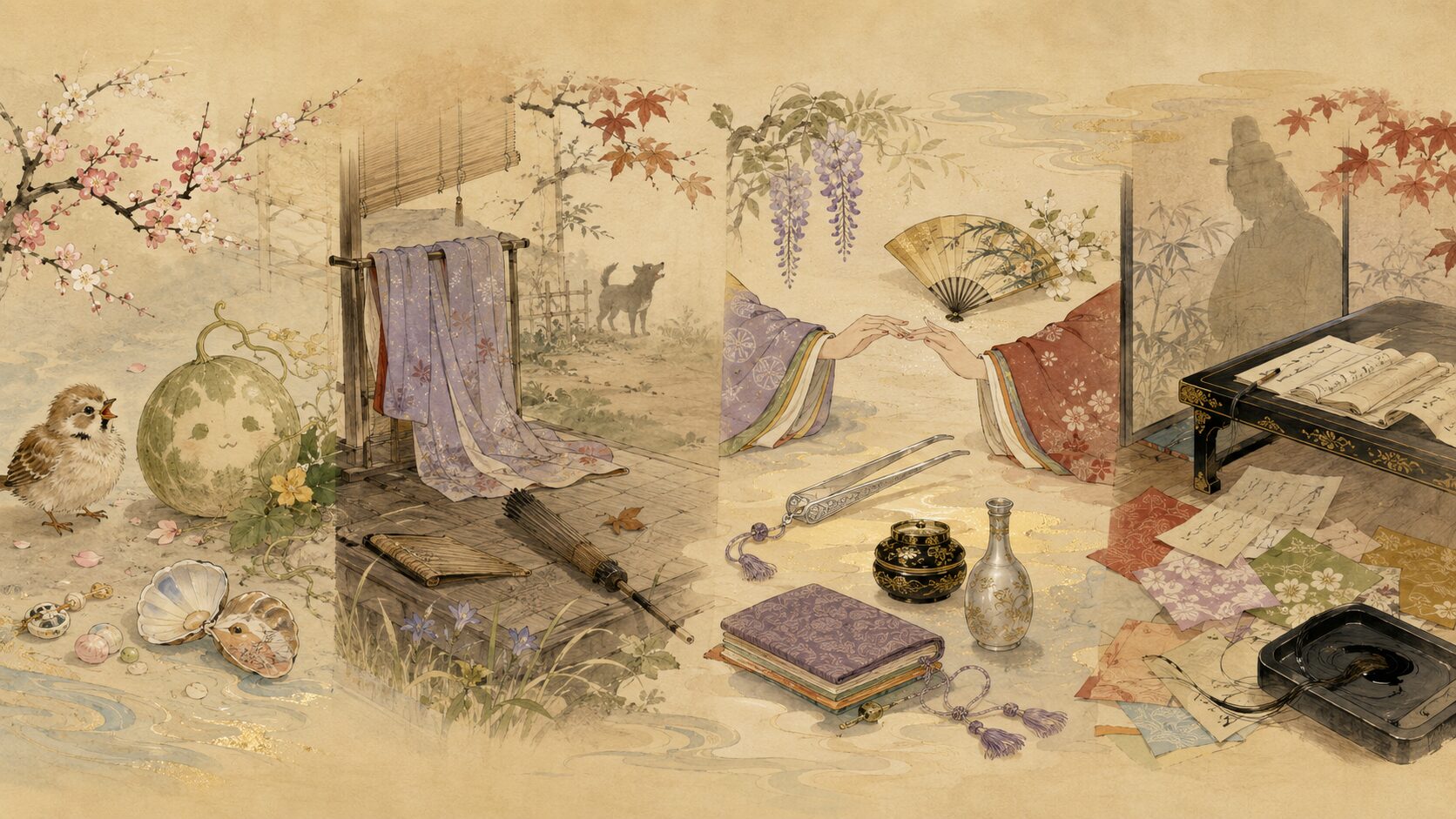 『枕草子』のうつくしきもの・すさまじきもの・ありがたきもの・にくきものを絵巻風に表した和風イラスト