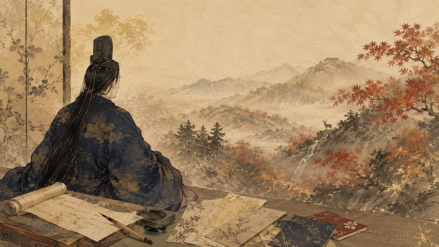 猿丸大夫と紅葉の奥山から百人一首5番の背景を表した和風イラスト