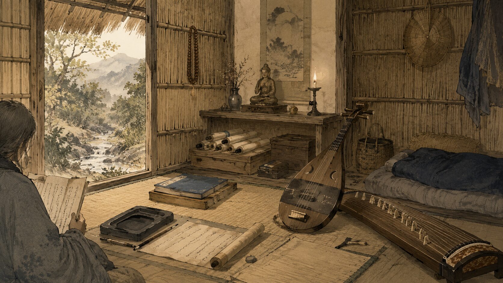 方丈の庵で信仰・読書・音楽を残して暮らす様子を描いた和風イラスト