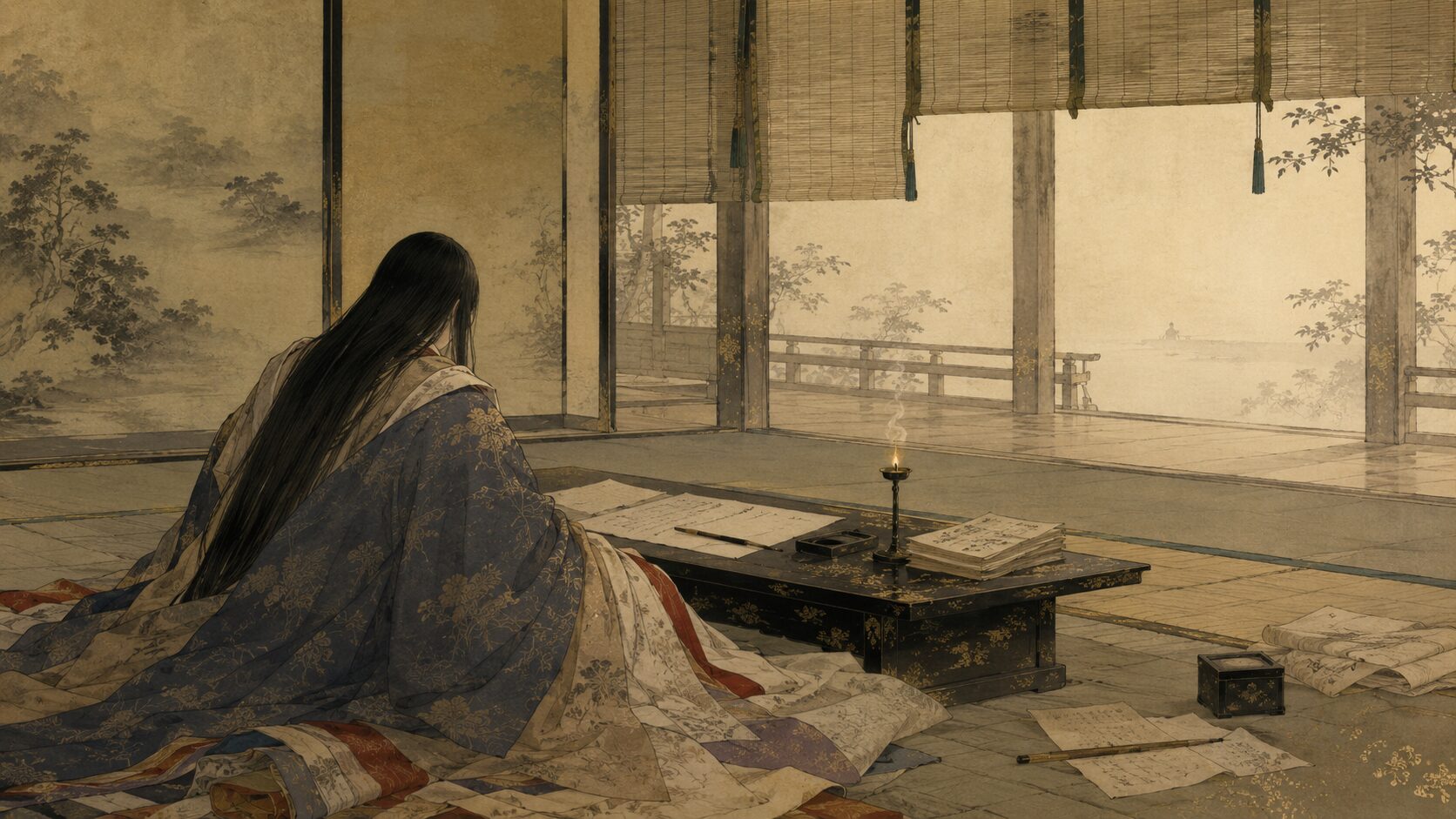 憐れんでくれる人も思い浮かばない恋の孤独を描いた百人一首45番の和風イラスト