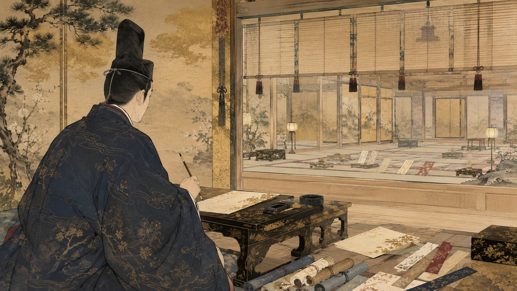 平兼盛が天徳内裏歌合で忍ぶ恋を詠む百人一首40番の背景イラスト