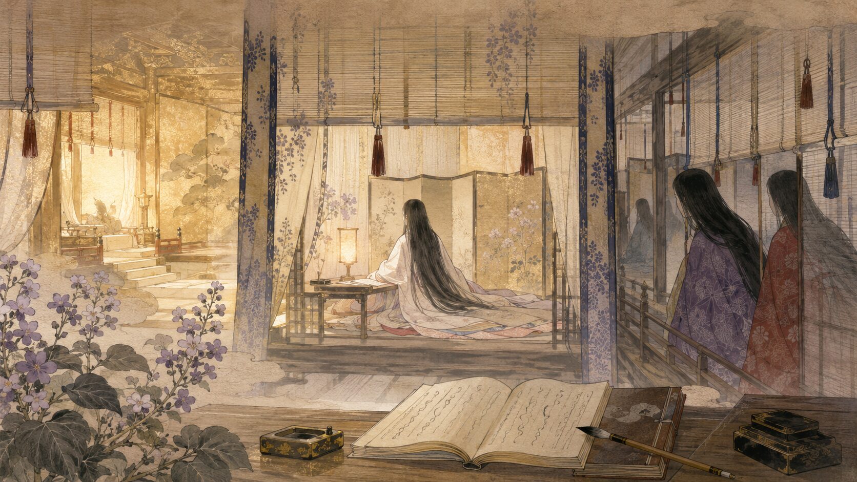 『桐壺』冒頭の桐壺更衣への寵愛と宮廷の嫉妬を表した和風イラスト