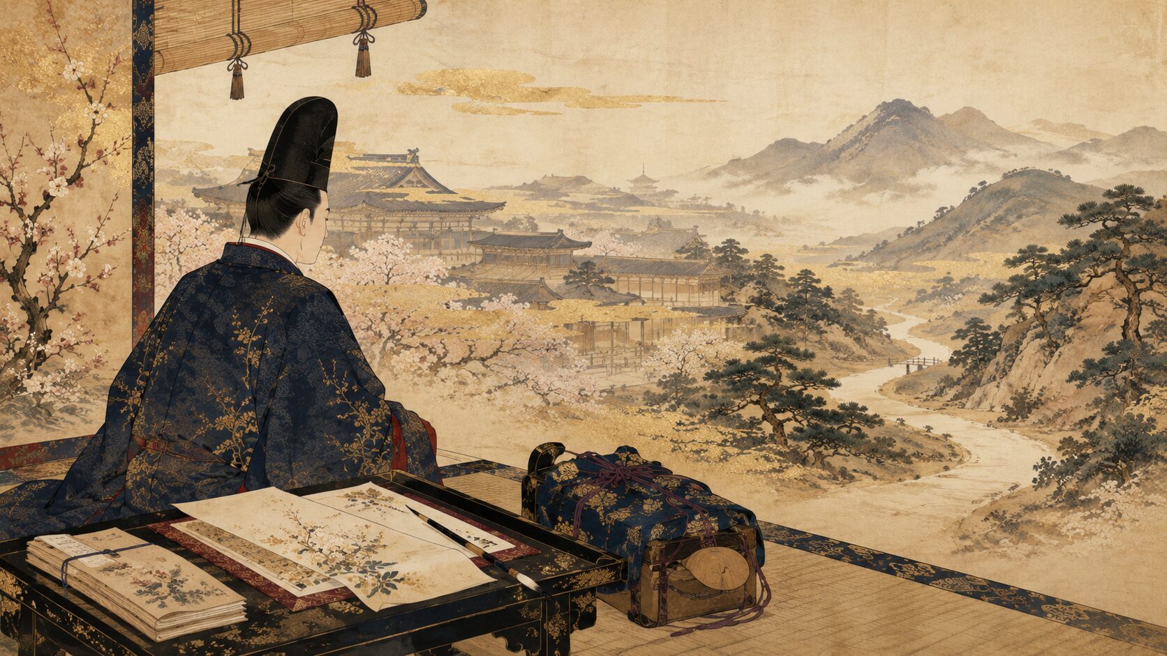 在原行平が因幡へ赴任する背景を描いた百人一首16番の和風イラスト