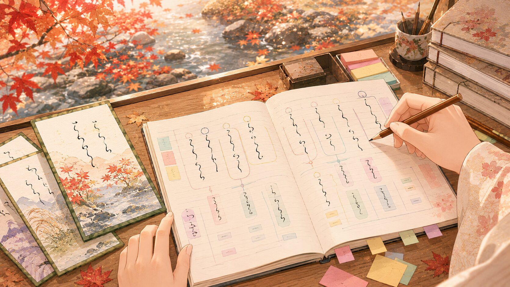 百人一首の品詞分解をノートで整理する和風イラスト