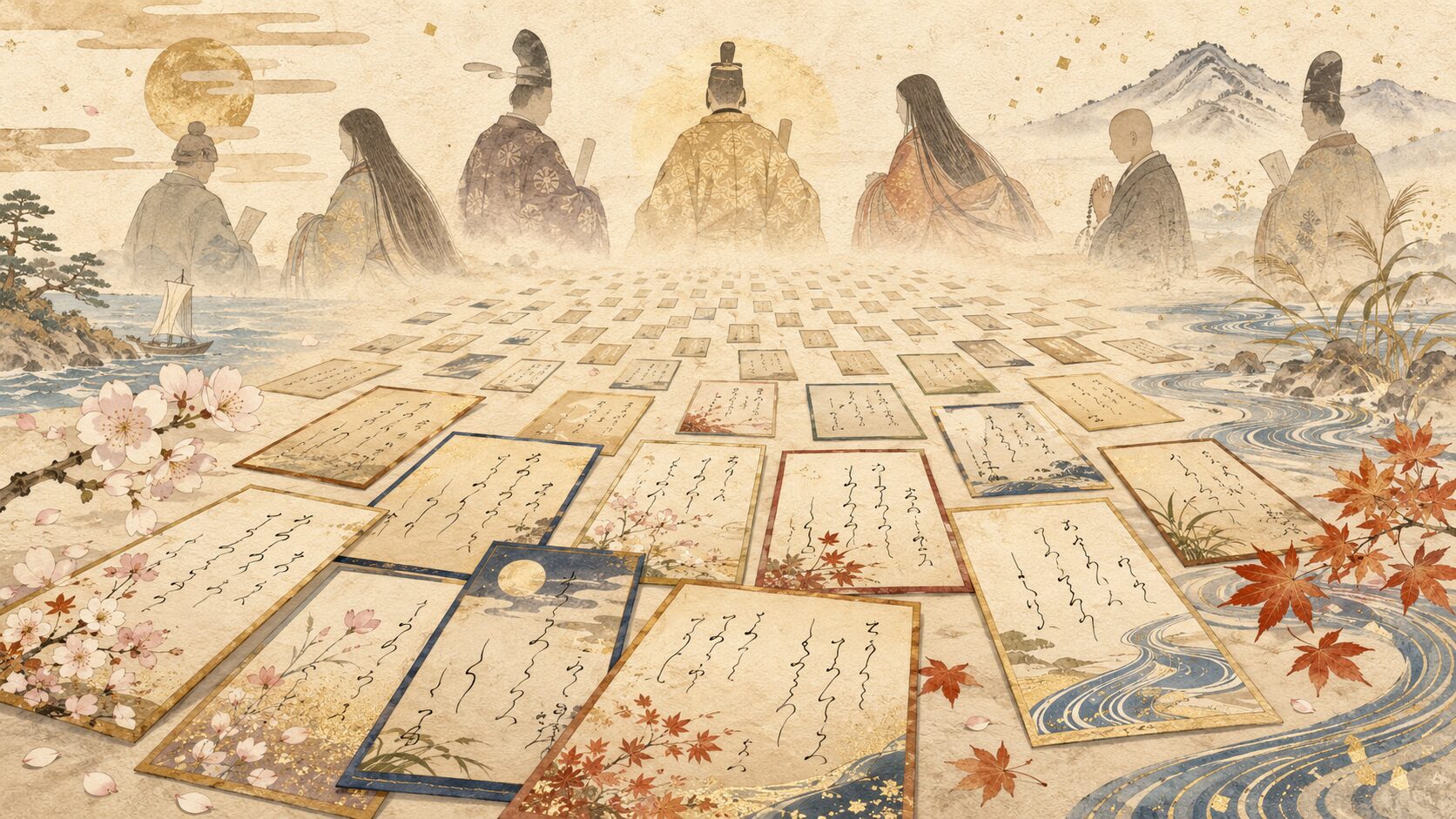 100人の歌人から1首ずつ選ばれた百人一首の意味を表す和風イラスト