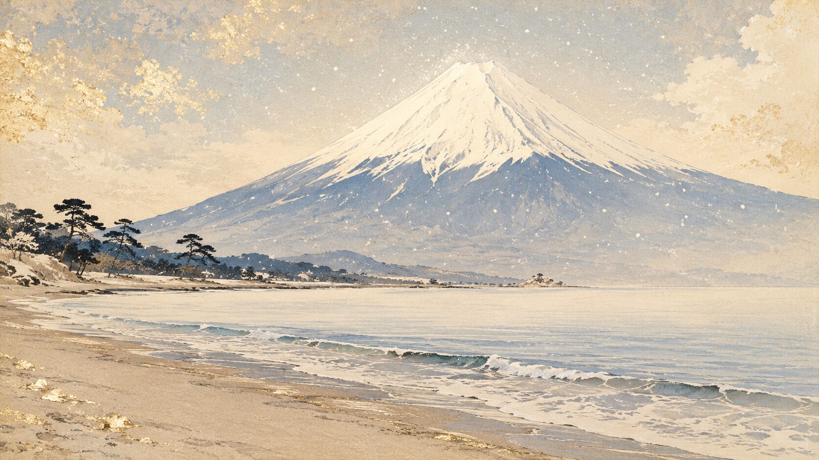 田子の浦の海辺から雪の富士山へ視界が広がる冬の情景を描いた和風イラスト