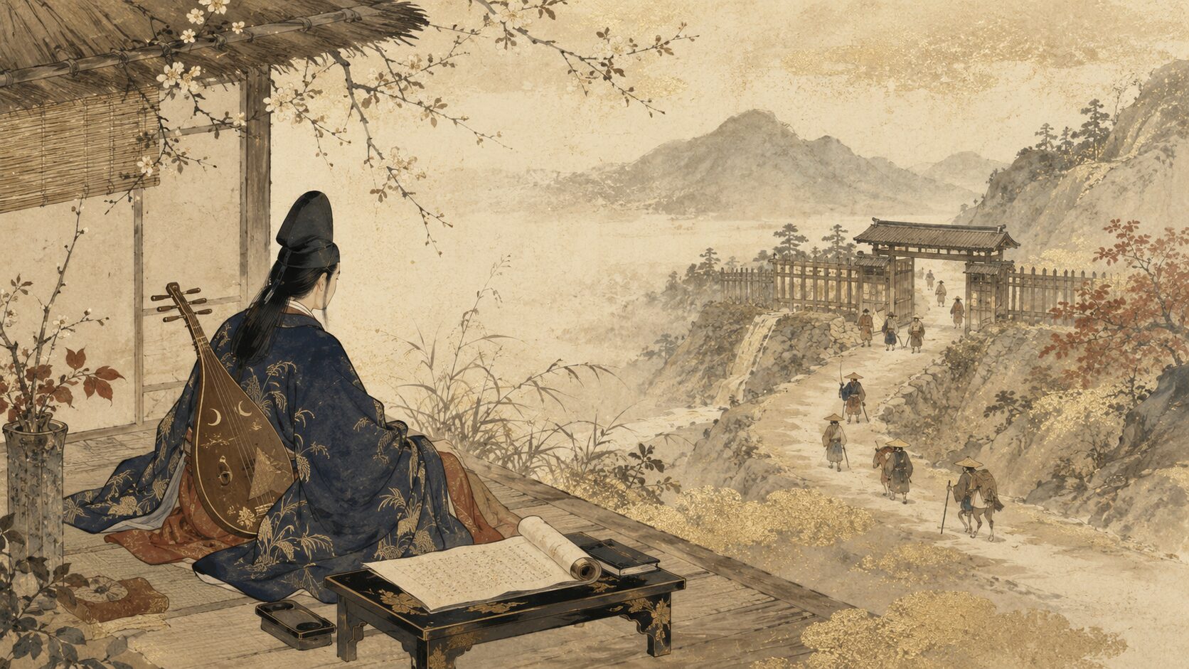蝉丸と逢坂の関の伝説的な背景を描いた百人一首10番の和風イラスト