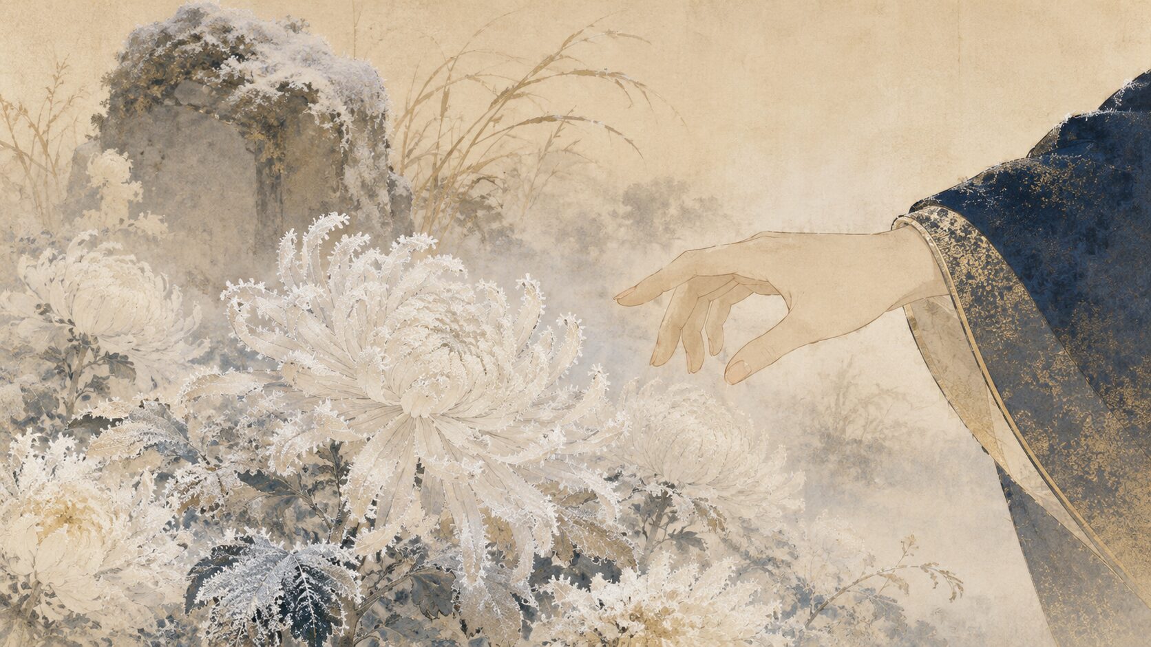 初霜の白さにまぎれる白菊を見当で折ろうとする百人一首29番の和風イラスト