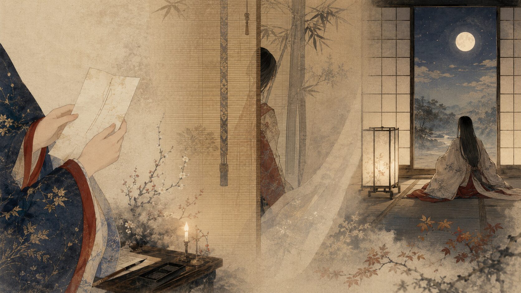 片思いと忍ぶ恋と待つ恋に分けて百人一首の恋歌を表した和風イラスト