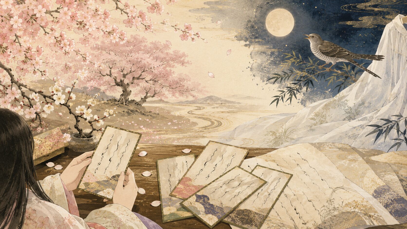 百人一首の春の桜や梅と夏への移り変わりを描いた和風イラスト