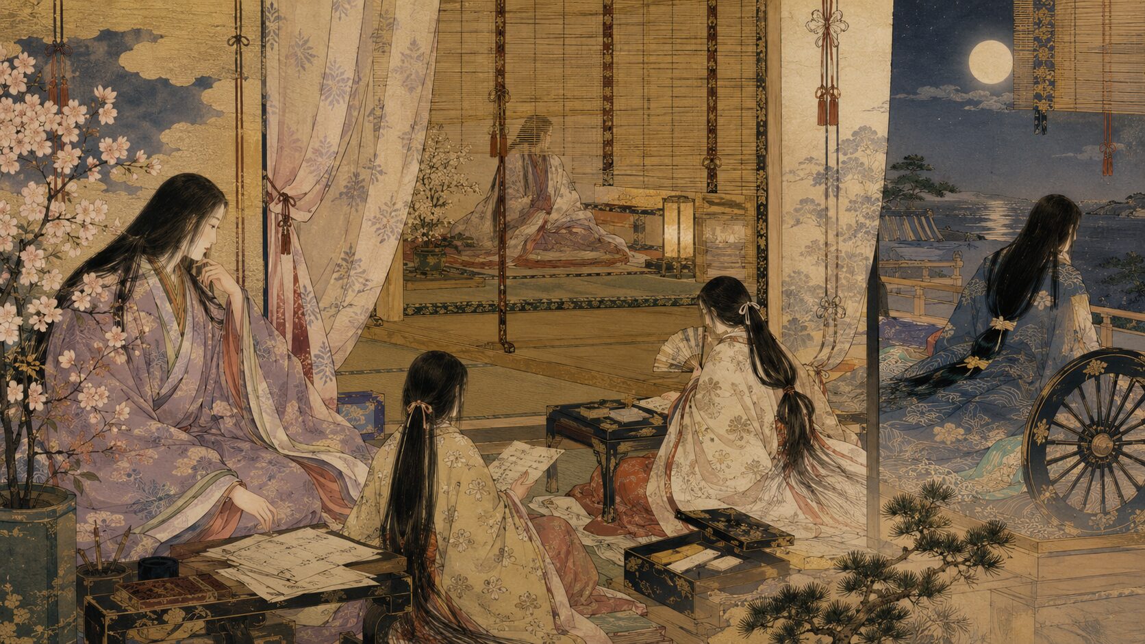女性たちの視点から読む『源氏物語』を表した平安宮廷の和風イラスト