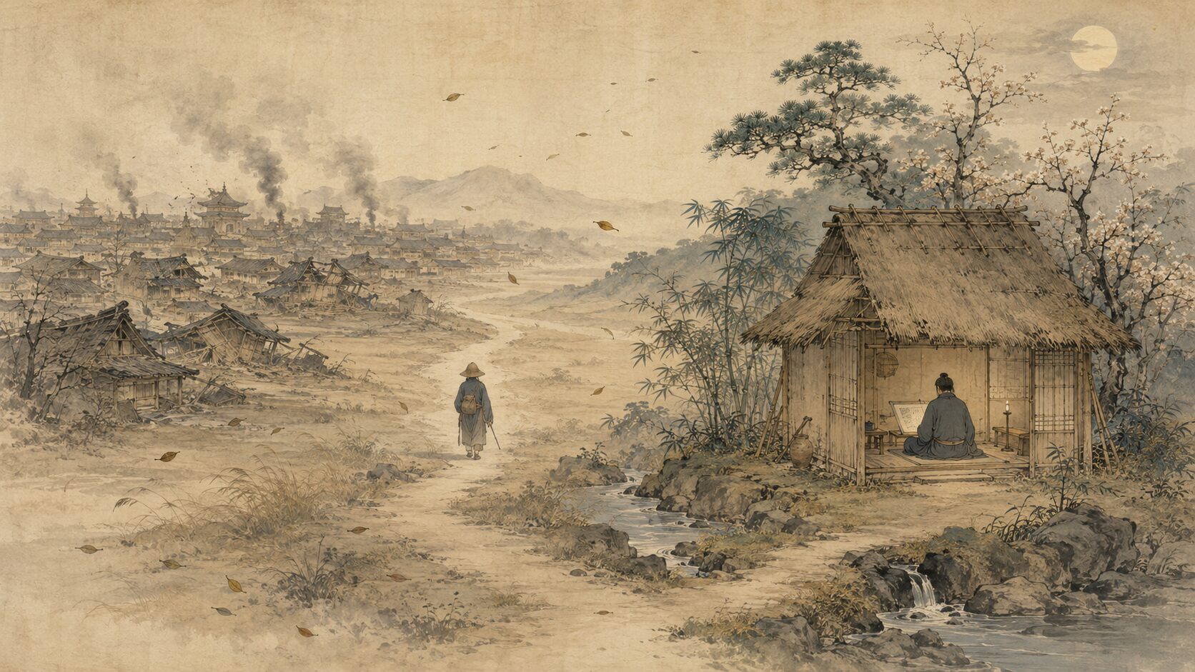 『方丈記』の無常観から方丈の庵と執着の問いへつながる流れを描いた和風イラスト