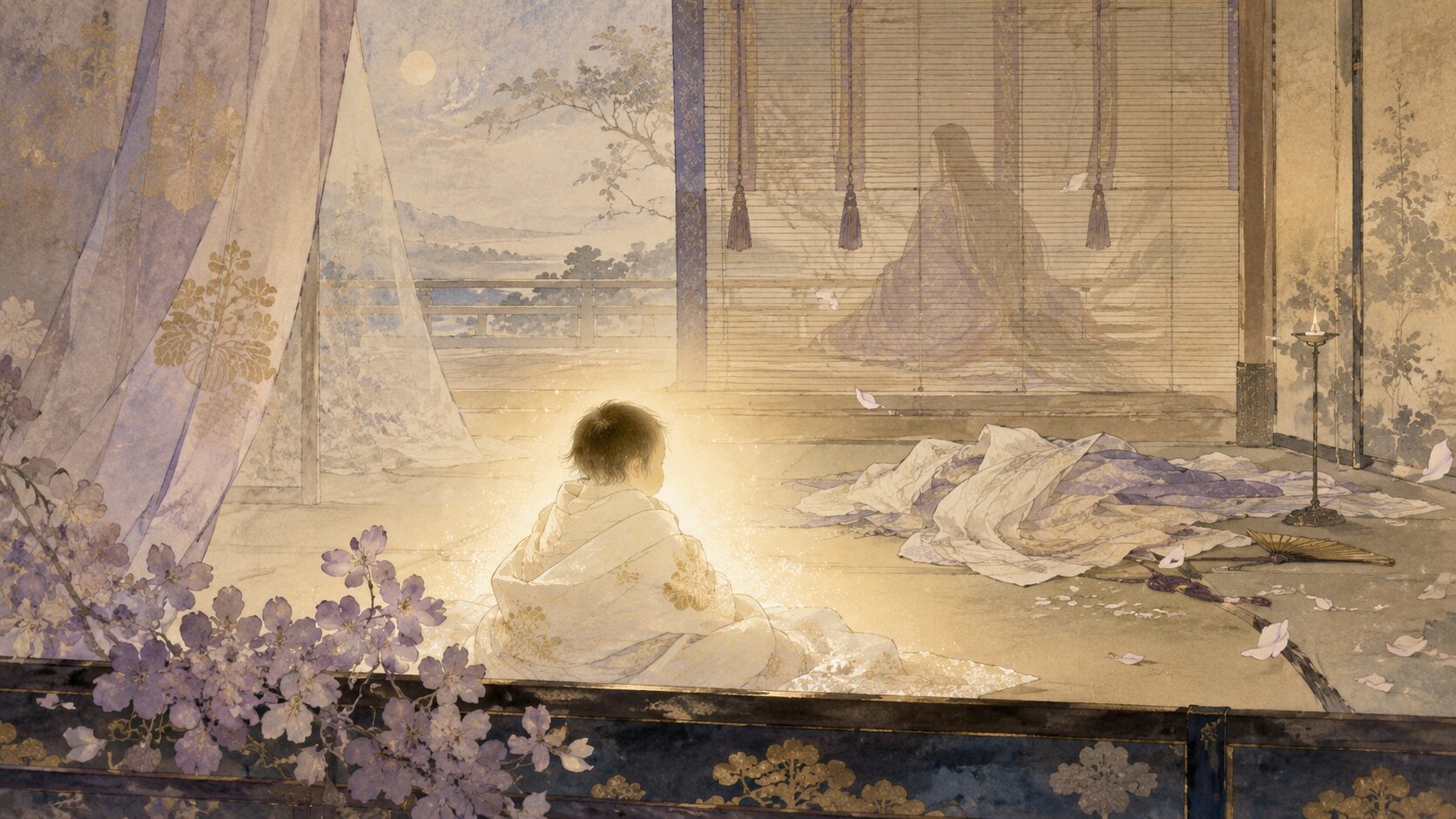光源氏の誕生と母の喪失を象徴した『源氏物語』桐壺の和風イラスト