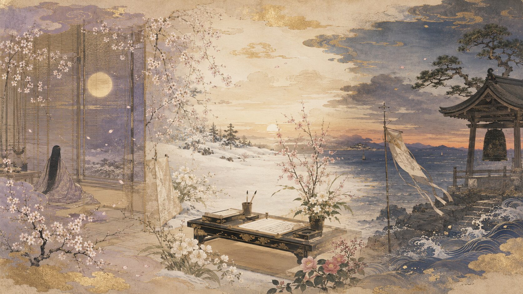 もののあはれ・をかし・無常観の違いを三つの古典作品で表した和風イラスト