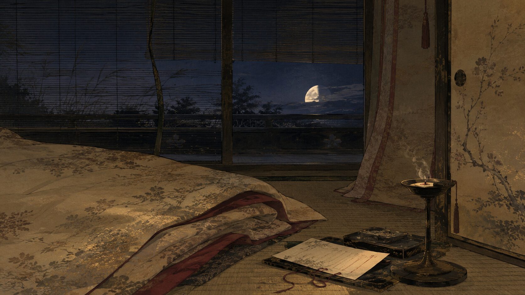 来ない人を待って寝ずに月が傾くまで夜を明かした百人一首59番の和風イラスト