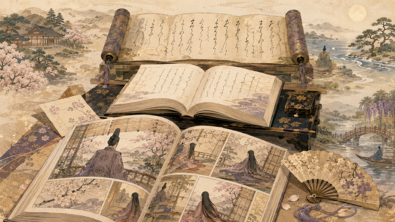 漫画・現代語訳・原文を組み合わせて『源氏物語』を読む様子を表した和風イラスト