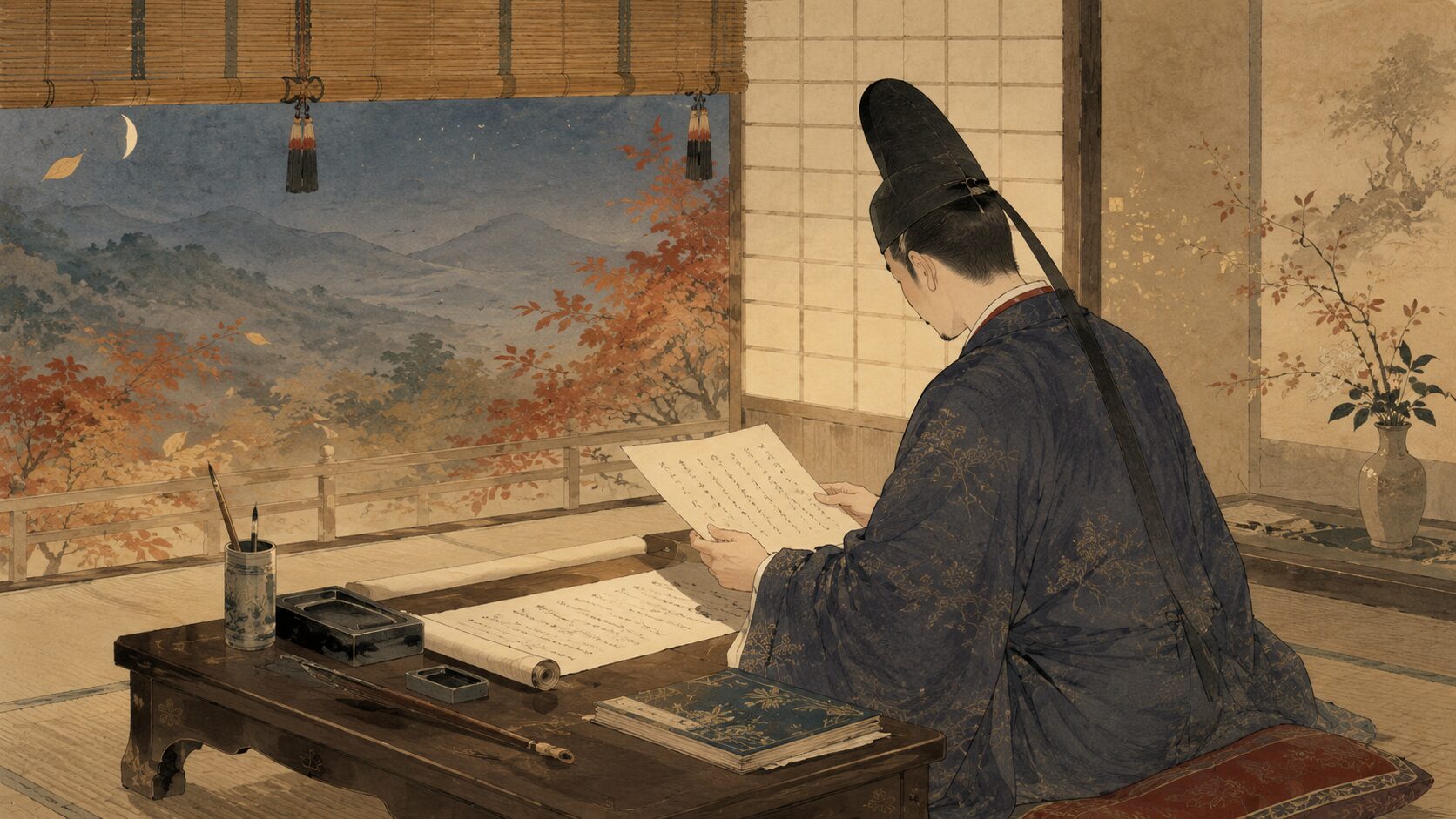 飛鳥井雅経が吉野の秋風を和歌に託す新古今時代の公卿歌人イラスト
