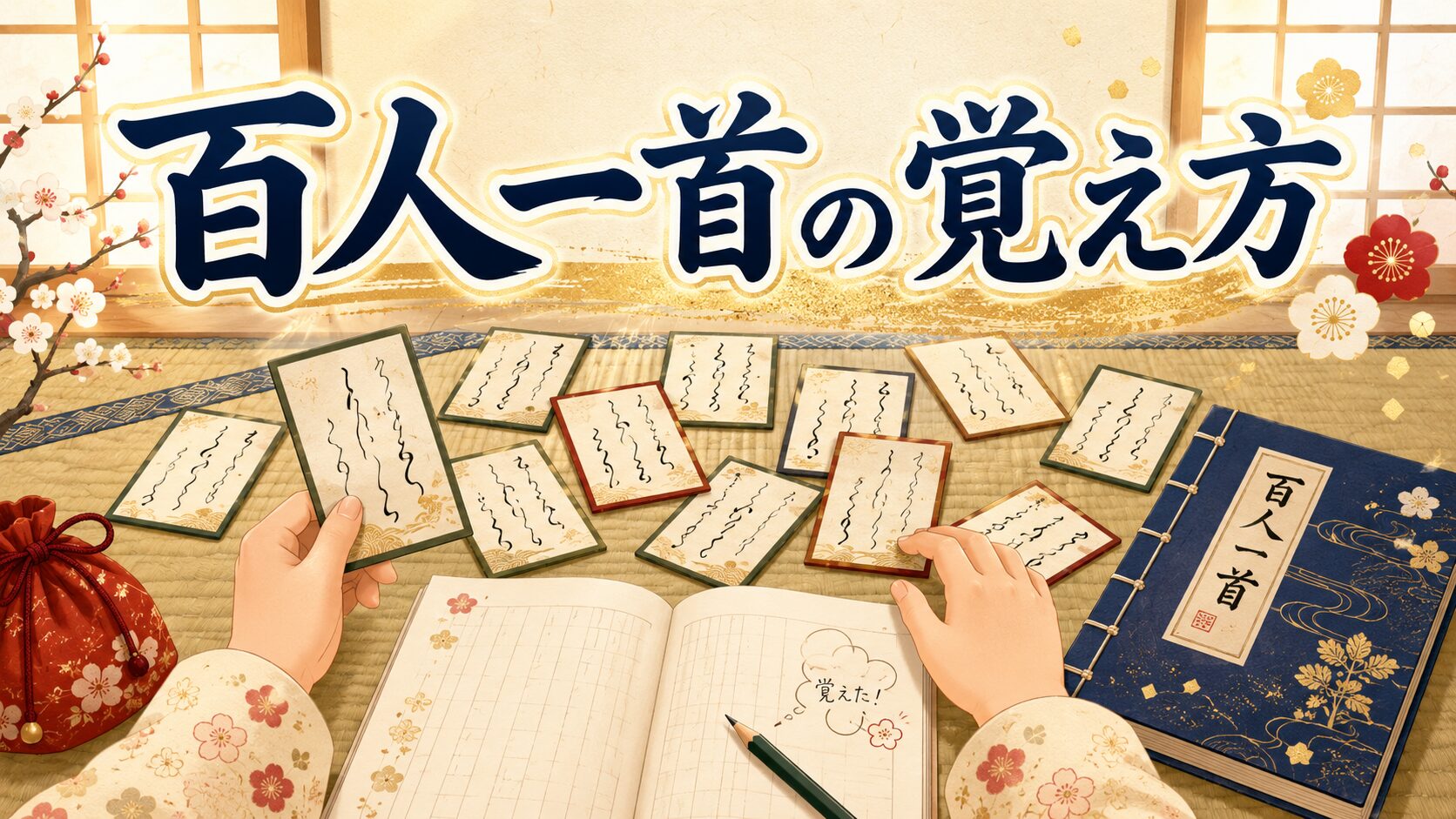 小学生と中学生向けに百人一首の覚え方を紹介する和風イラスト