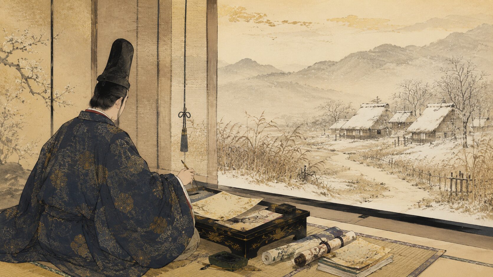 源宗于が冬の山里の寂しさを和歌に詠む百人一首28番の背景イラスト