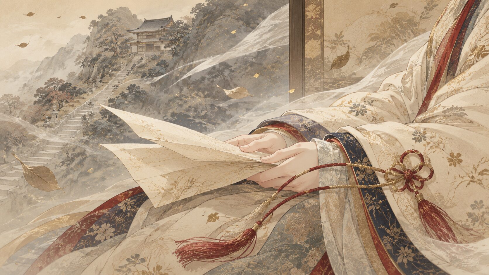 初瀬への祈りと山おろしに重なる恋のつらさを描いた和風イラスト