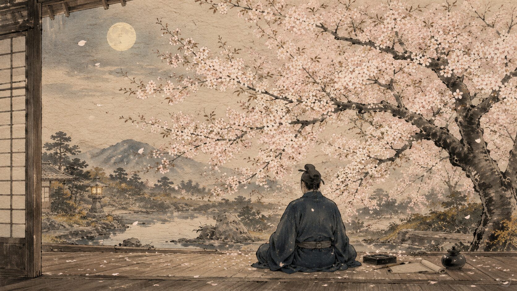 桜と月を眺めながら『花月草紙』の美意識を感じる和風イラスト